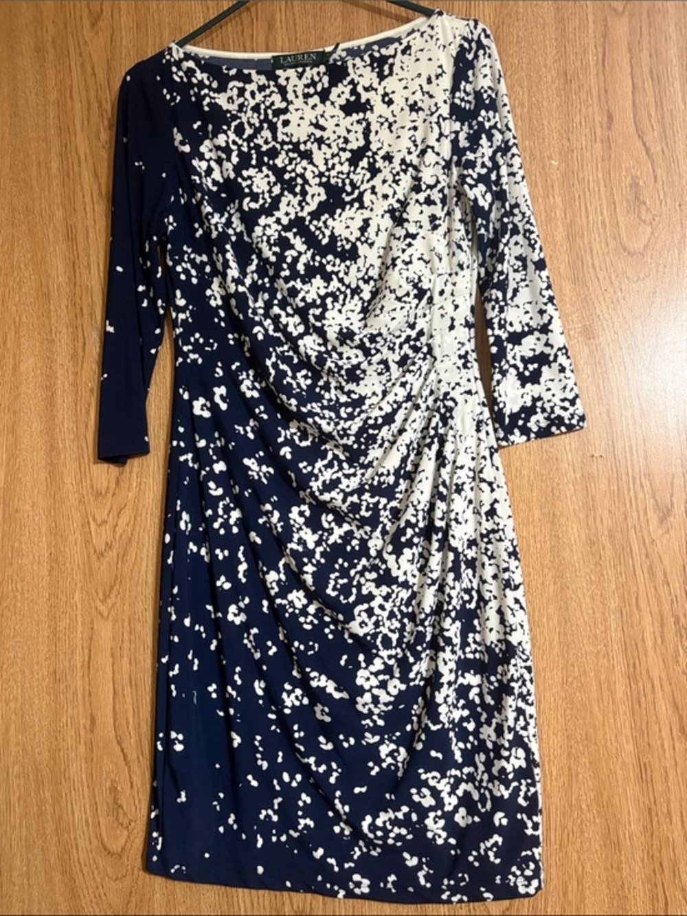 Ralph Lauren Navy and White Draped 3/4 Sleeve Sheath Dress